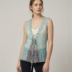 Hale Bob Paris Los Angeles Sheer Plissé Embellished Tie-Front Boho Top - Size M